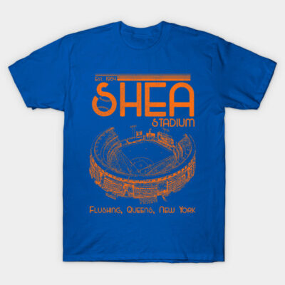 Blue Shea Stadium graphic t-shirt, vintage style, featuring orange text and stadium illustration, casual cotton wear.
