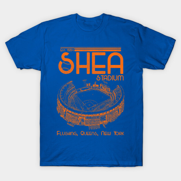 Blue Shea Stadium graphic t-shirt, vintage style, featuring orange text and stadium illustration, casual cotton wear.