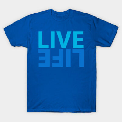 Blue graphic t-shirt with bold "LIVE LIFE" text, casual style, perfect for everyday wear, 100% cotton material.