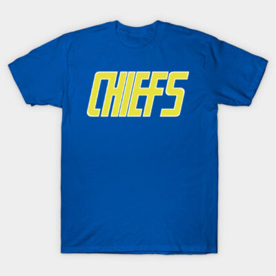 Blue t-shirt with bold yellow "Chiefs" text, casual style, made from soft cotton, perfect for everyday wear.