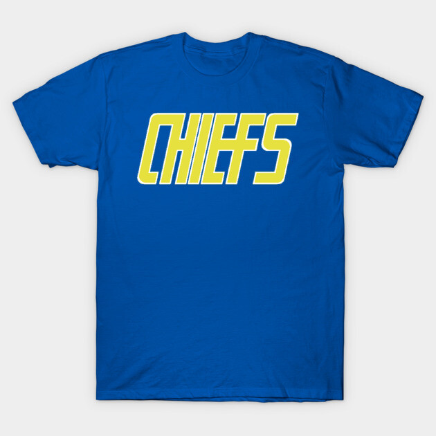 Blue t-shirt with bold yellow "Chiefs" text, casual style, made from soft cotton, perfect for everyday wear.