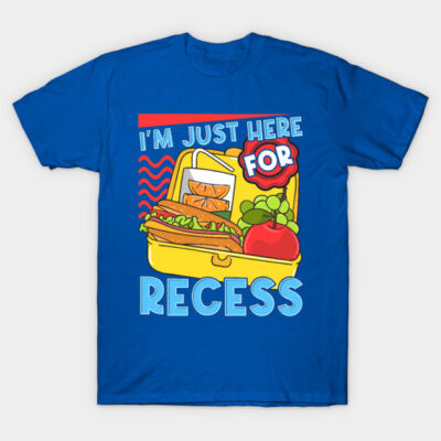Blue T-shirt with colorful "I'm Just Here for Recess" graphic, featuring a lunchbox design, casual style.
