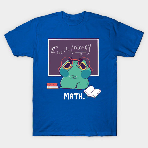 Blue math-themed T-shirt with cartoon frog, chalkboard, and open book design, made of cotton for casual wear.
