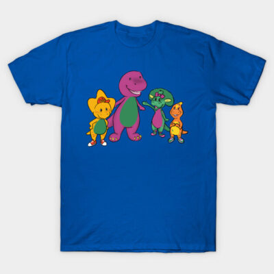 Blue t-shirt with colorful dinosaur and friends graphic, casual style, 100% cotton, unisex design.