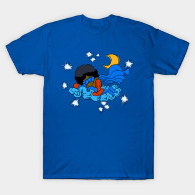 Blue cotton t-shirt with colorful cosmic design, featuring stars, a moon, and abstract art. Casual wear.