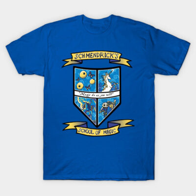 Blue magic-themed T-shirt with a colorful crest design, ideal for casual wear. Made from soft cotton for comfort.