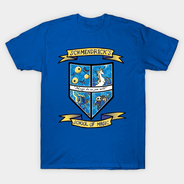 Blue magic-themed T-shirt with a colorful crest design, ideal for casual wear. Made from soft cotton for comfort.