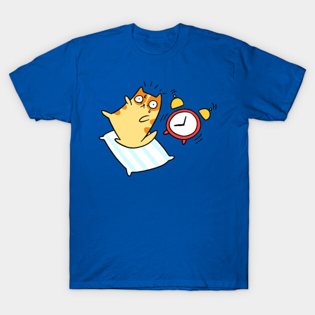 Blue t-shirt with playful cartoon cat and alarm clock print, casual style, comfortable cotton material.