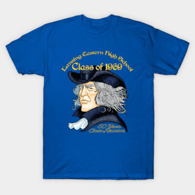 Blue t-shirt with vintage high school reunion design, featuring "Class of 1969" and artistic illustration.