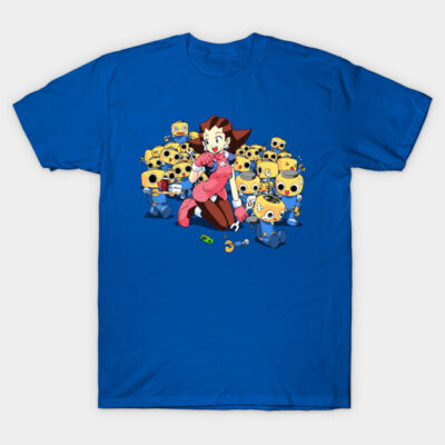 Blue cotton t-shirt with colorful anime characters, casual style, perfect for fans, comfortable and stylish design.