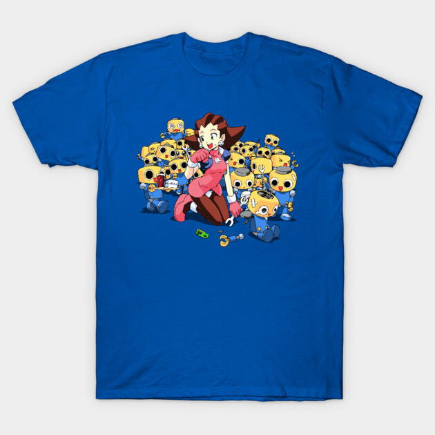 Blue cotton t-shirt with colorful anime characters, casual style, perfect for fans, comfortable and stylish design.