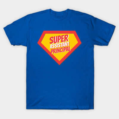 Blue "Super Assistant Principal" t-shirt with superhero emblem design, casual style, cotton material.