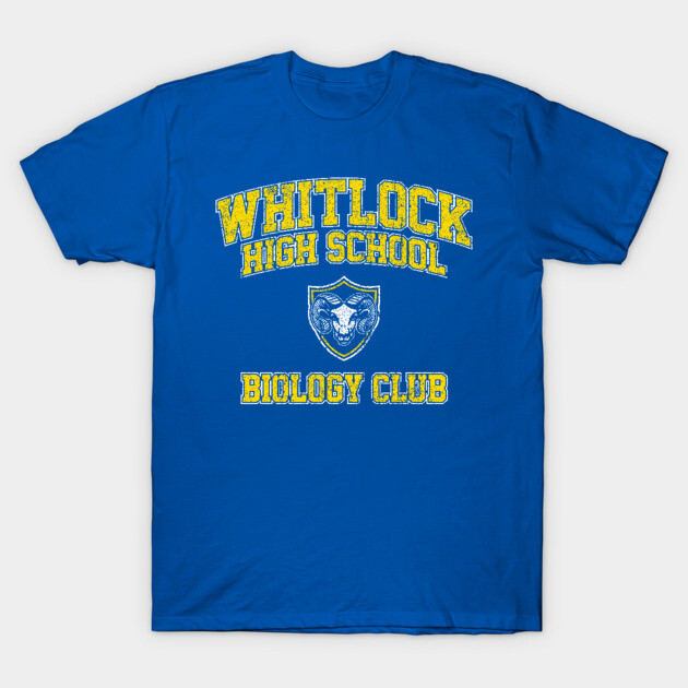 Blue Whitlock High School Biology Club T-shirt, yellow text, casual style, cotton material, perfect for students.