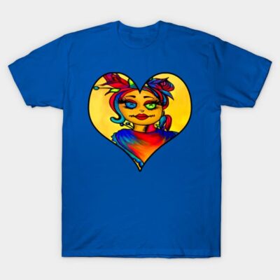 Blue graphic T-shirt with colorful heart and abstract face design, casual wear, unisex cotton material.