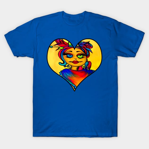 Blue graphic T-shirt with colorful heart and abstract face design, casual wear, unisex cotton material.