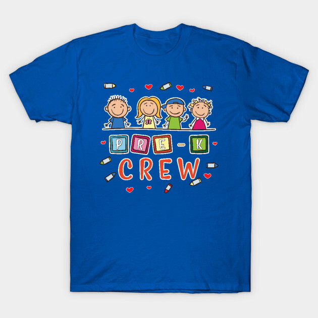 Blue "Pre-K Crew" T-shirt with playful graphic design, ideal for preschool kids; 100% cotton, casual wear.