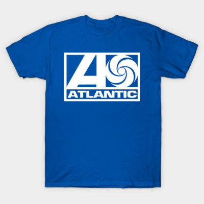 Blue cotton t-shirt with white "Atlantic" logo, casual style, perfect for everyday wear.