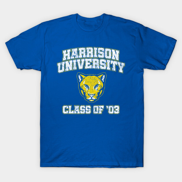 Blue "Harrison University" T-shirt, vintage style, featuring bold text and panther graphic. Casual, 100% cotton.