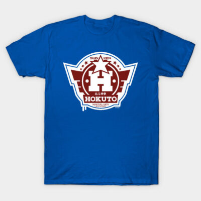 Blue t-shirt with martial arts logo, red and white design, casual cotton tee for everyday wear.