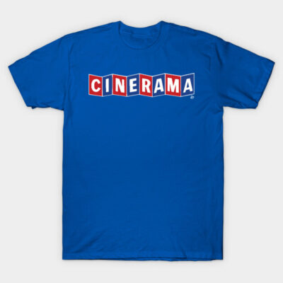 Blue cotton t-shirt with "Cinerama" graphic print in red and white, casual style for everyday wear.