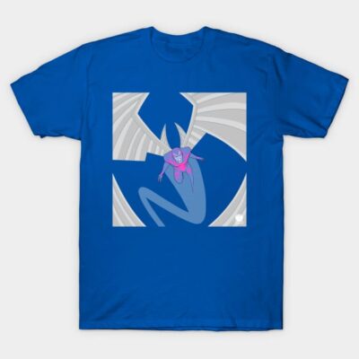 Blue t-shirt featuring a graphic design of a winged figure in vibrant colors, perfect for casual wear.