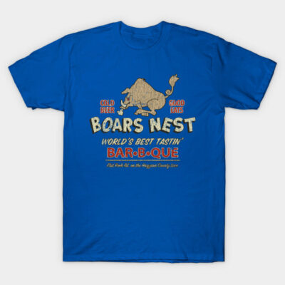 Blue graphic t-shirt with "Boars Nest" barbecue design, casual wear, 100% cotton, unisex, perfect for everyday style.