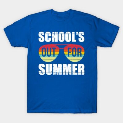 Blue t-shirt with "School's Out for Summer" text and retro sunglasses graphic, perfect for casual wear.