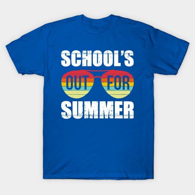 Blue t-shirt with "School's Out for Summer" text and retro sunglasses graphic, perfect for casual wear.