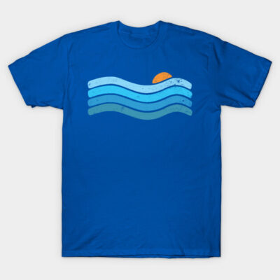 Blue cotton t-shirt with sunset wave graphic, casual style, perfect for everyday wear.