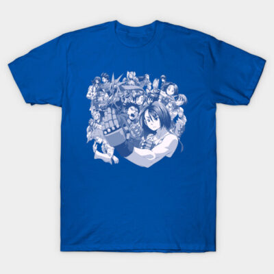 Blue anime graphic t-shirt featuring a collection of characters, ideal for casual wear and anime fans.