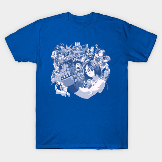 Blue anime graphic t-shirt featuring a collection of characters, ideal for casual wear and anime fans.