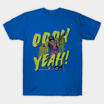 Blue graphic T-shirt with "OOOH YEAH!" text and colorful illustration, casual wear, cotton material.