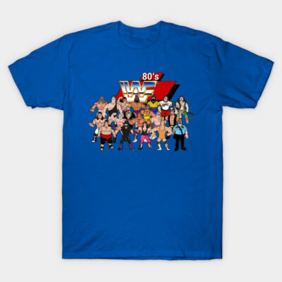 Blue 80s wrestling graphic t-shirt, featuring vintage wrestler illustrations, unisex casual wear, cotton material.