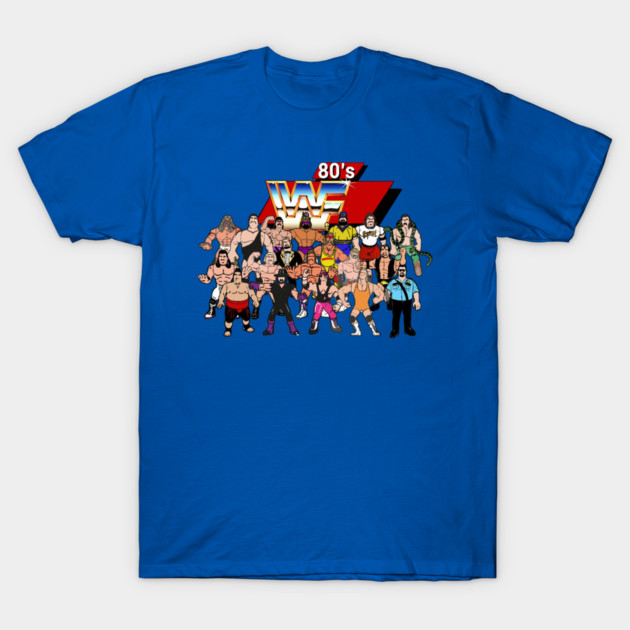 Blue 80s wrestling graphic t-shirt, featuring vintage wrestler illustrations, unisex casual wear, cotton material.