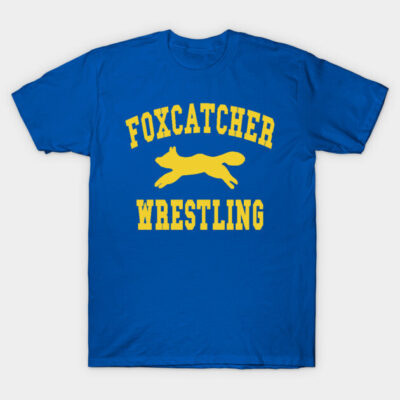 Blue Foxcatcher Wrestling T-shirt with yellow print, casual style, 100% cotton, perfect for sports enthusiasts.