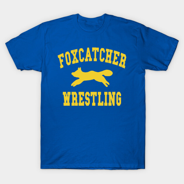Blue Foxcatcher Wrestling T-shirt with yellow print, casual style, 100% cotton, perfect for sports enthusiasts.