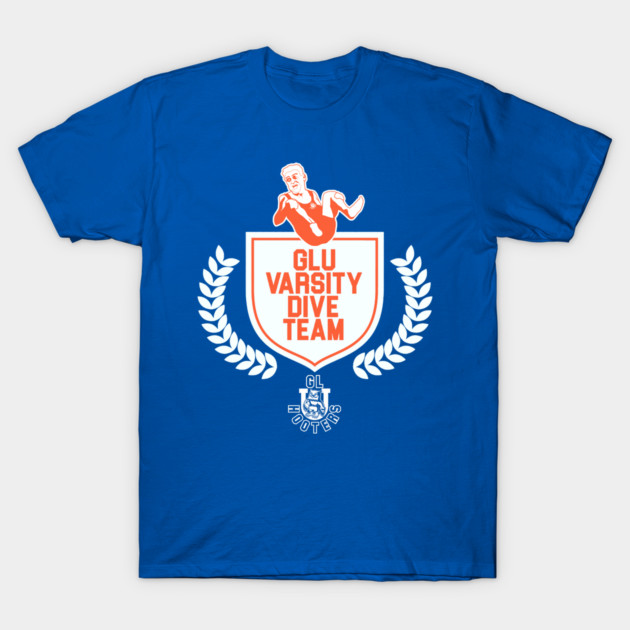 Blue t-shirt with "GLU Varsity Dive Team" graphic, sporty style, casual wear, 100% cotton, unisex.