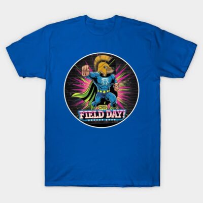 Blue superhero-themed T-shirt with colorful "Field Day" graphic, ideal for casual wear and events.