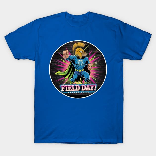 Blue superhero-themed T-shirt with colorful "Field Day" graphic, ideal for casual wear and events.