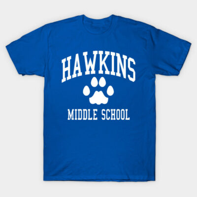Blue Hawkins Middle School T-shirt featuring white paw print design, casual style, cotton material.