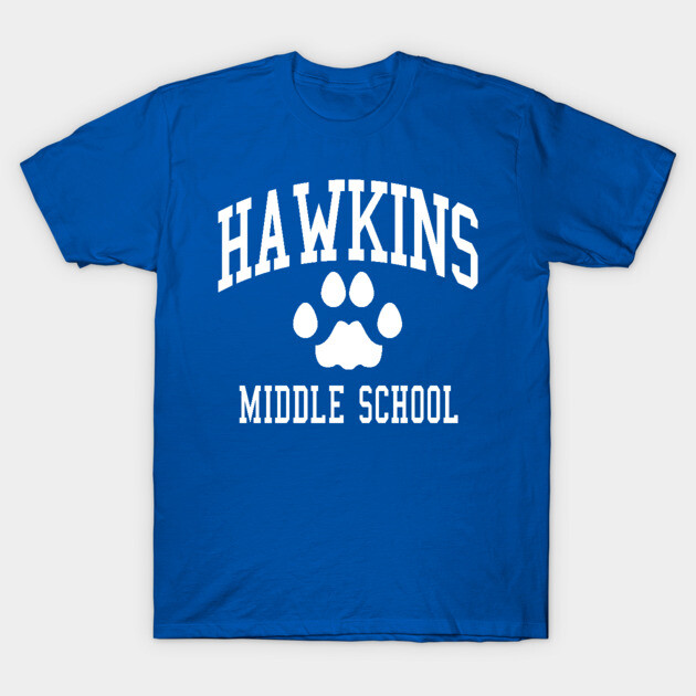 Blue Hawkins Middle School T-shirt featuring white paw print design, casual style, cotton material.