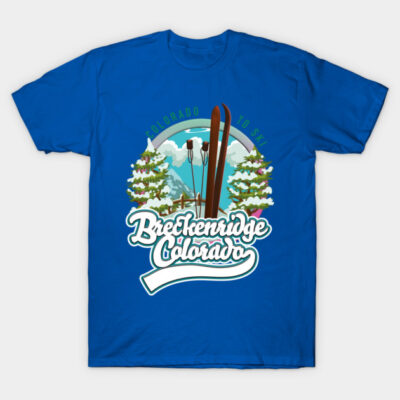 Blue t-shirt with Breckenridge Colorado ski design, featuring mountains and trees; ideal for casual wear or ski trips.