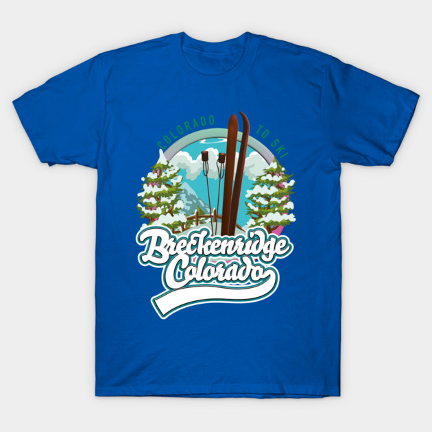 Blue t-shirt with Breckenridge Colorado ski design, featuring mountains and trees; ideal for casual wear or ski trips.