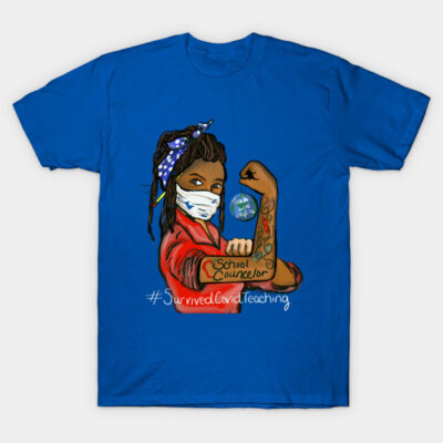 Blue t-shirt with graphic design of masked figure flexing arm, "#SurvivedCovidTeaching" text, ideal for educators.