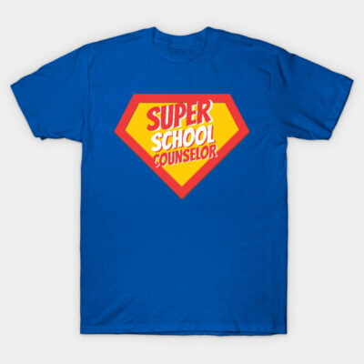 Blue t-shirt with "Super School Counselor" logo, superhero style, cotton material, casual wear.