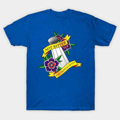 Blue graphic T-shirt with floral salt shaker design and "Not Bitter, Just Lightly Salted" text. Casual cotton apparel.