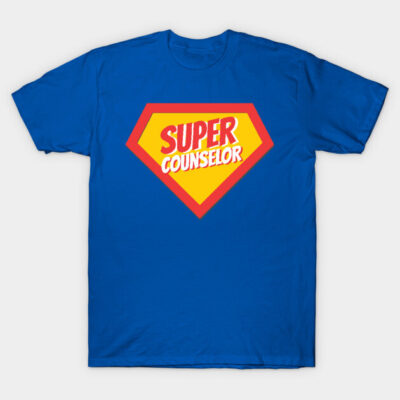 Blue "Super Counselor" T-shirt with yellow-red superhero emblem, casual cotton top ideal for counselors or everyday wear.