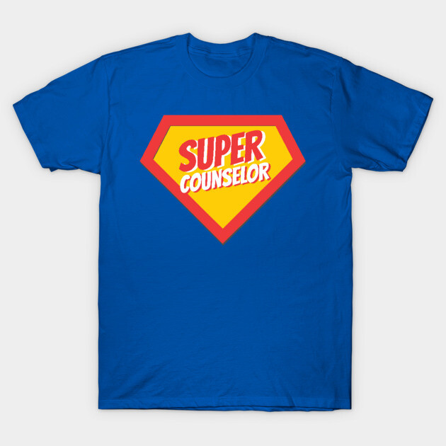 Blue "Super Counselor" T-shirt with yellow-red superhero emblem, casual cotton top ideal for counselors or everyday wear.