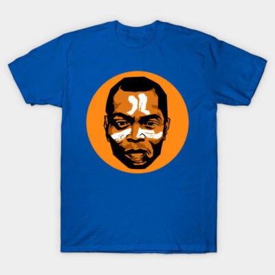 Blue graphic t-shirt with orange circle and abstract face design, casual style, cotton material.