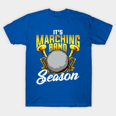 Blue T-shirt with "It's Marching Band Season" print, featuring trumpets and drum graphics, casual cotton wear.